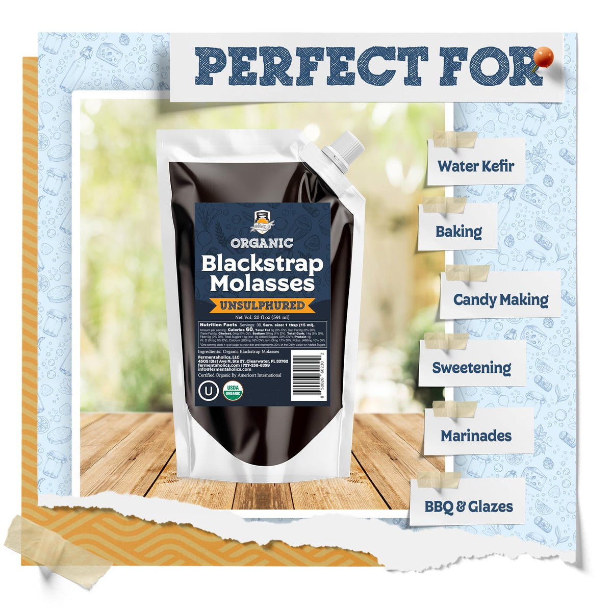 Fermentaholics molasses spouted pouch enables smooth pouring and accurate portions.