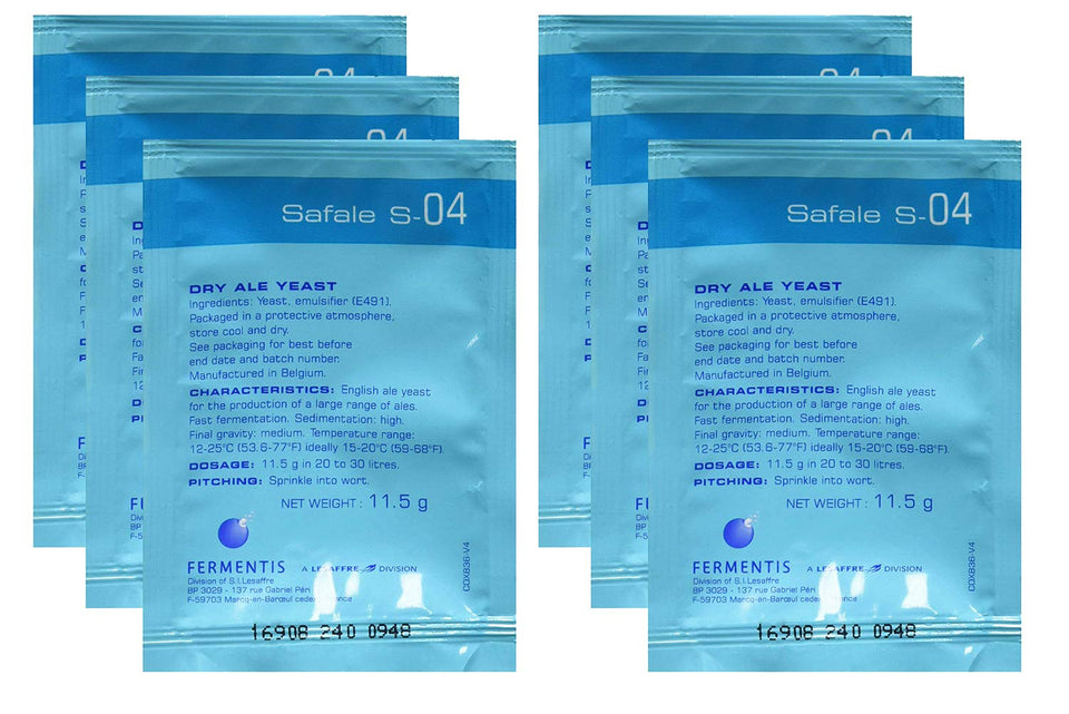 Fermentis Safale S-04 bottle shows rapid fermentation for clear beer.