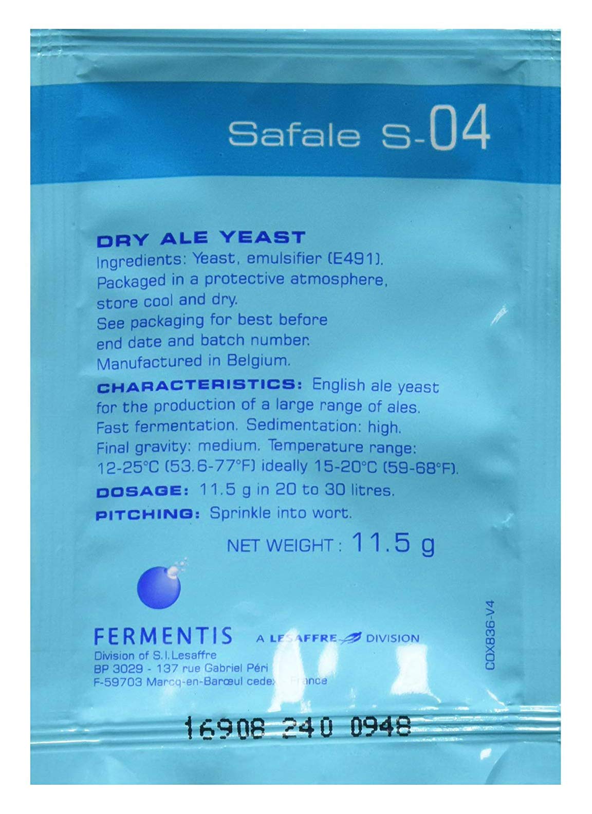 Fermentis Safale S-04 fermentation image highlights fast activity and clean sediment.