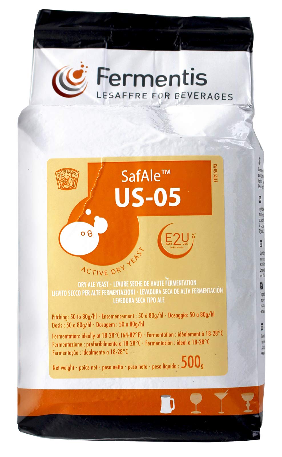 Fermentis SafAle US-05 500 g package shown for clean American ale fermentation.