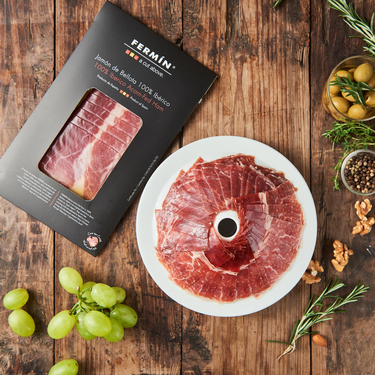 Thin-cut FERMIN Iberico Bellota ham slices ideal for charcuterie boards