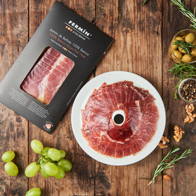 Thin-cut FERMIN Iberico Bellota ham slices ideal for charcuterie boards