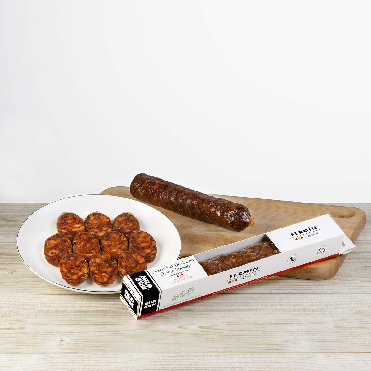 FERMIN Iberico Chorizo sliced on board, perfect with cheeses