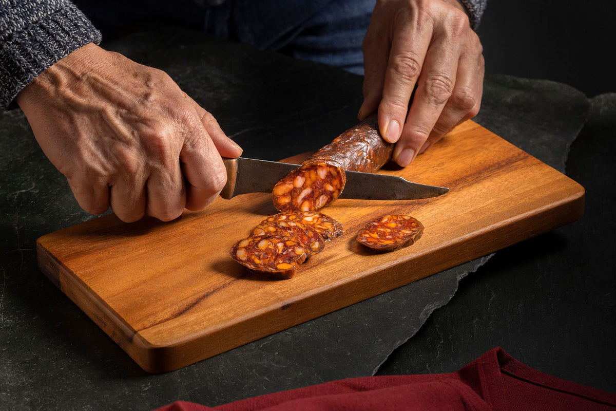 FERMIN Iberico Chorizo on a serving plate, rich mild smoky aroma