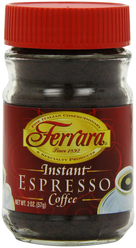 Ferrara Instant Espresso jar close-up, showcasing bold flavor ready for quick, cafe-style cups.