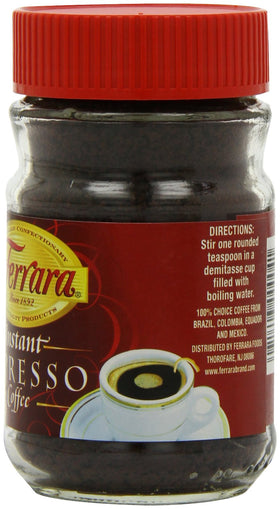 Pouring Ferrara instant espresso into a cup, highlighting rich aroma and ease of use.
