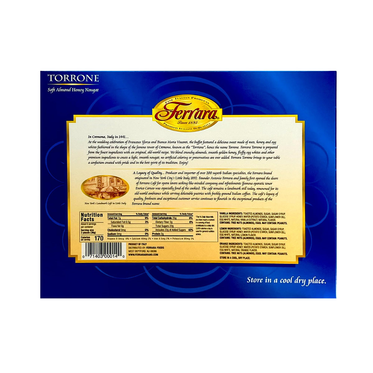Ferrara Torrone box opened to reveal assorted nougat pieces.