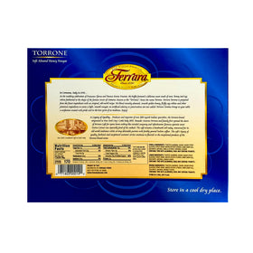 Ferrara torrone almond close-up highlights crunchy nuts and creamy nougat.