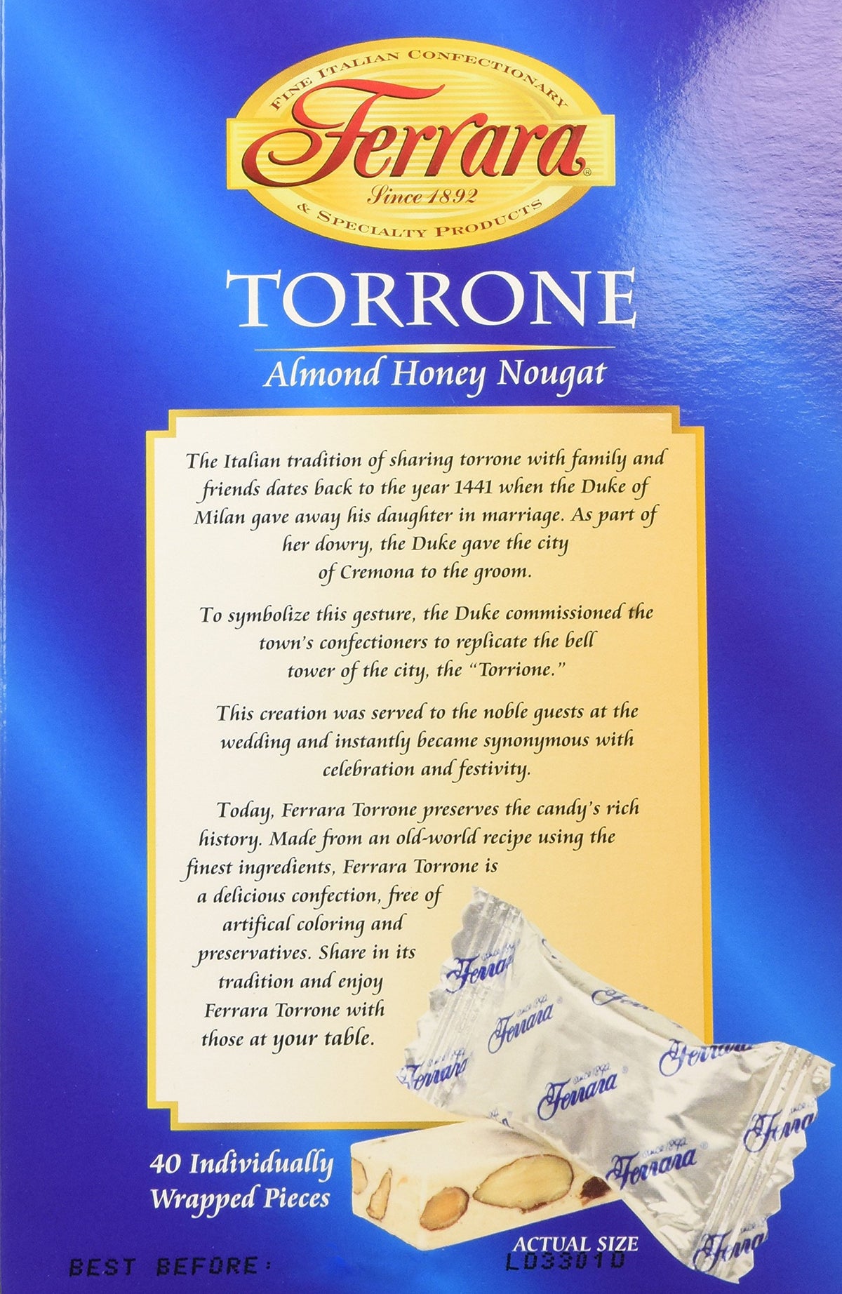 Ferrara Torrone foil-wrapped pieces, individually wrapped, convenient for sharing.