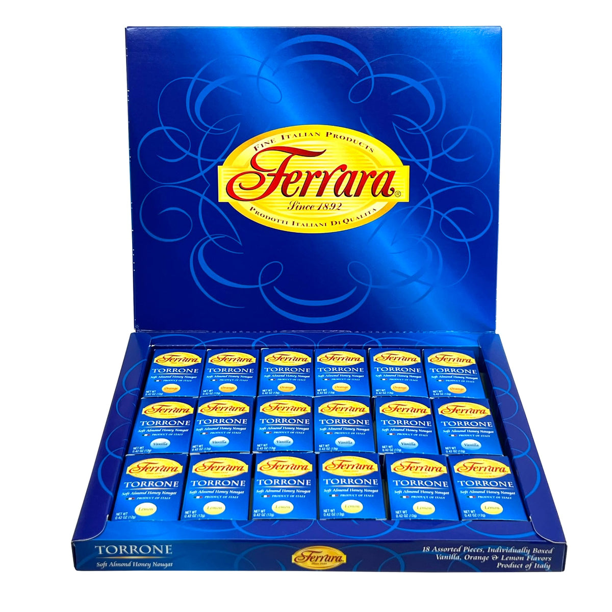 Ferrara Torrone box back view highlighting Italy-made craftsmanship.