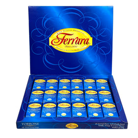 Ferrara Torrone box back view highlighting Italy-made craftsmanship.