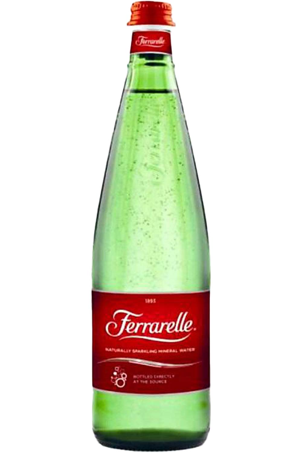 Ferrarelle sparkling water 750ml bottle with six-pack, crisp bubbles for meals.