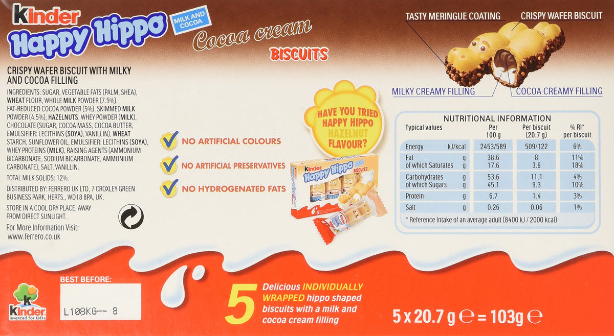 Ferrero Kinder Happy Hippo close-up of cocoa cream bar highlighting creamy filling.