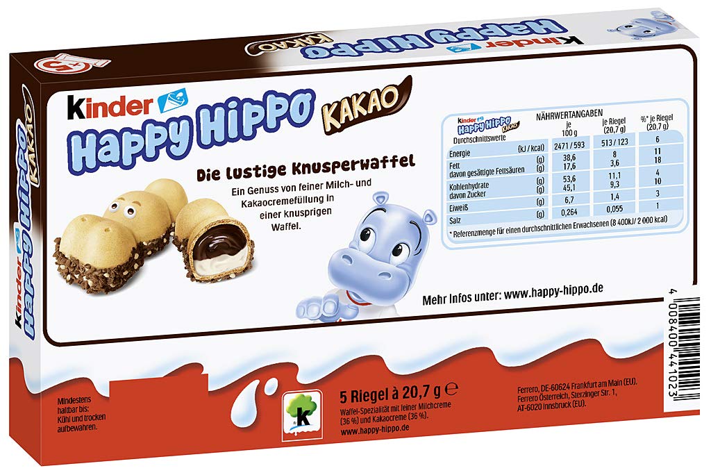 Ferrero Kinder Happy Hippo cross-section shows creamy cocoa filling and crisp wafer