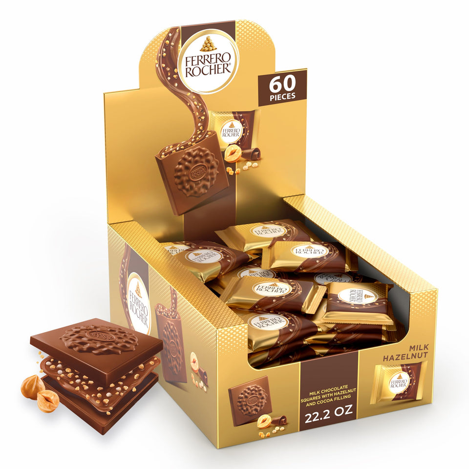 Ferrero Rocher 60-pack in a gold stand-up bag for sharing occasions