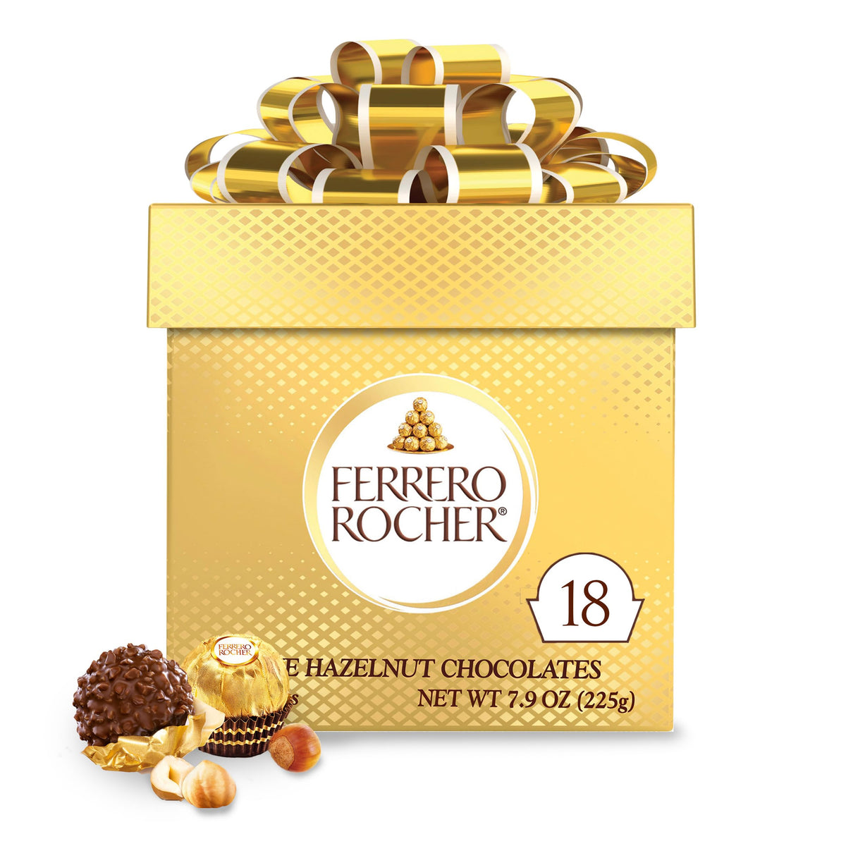 Ferrero Rocher gift cube 18-count with gold foil, perfect for celebrations.