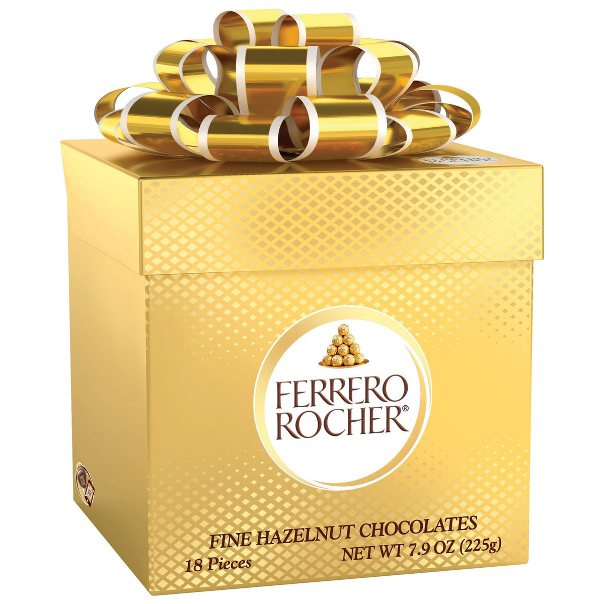 Ferrero Rocher gold foil wrappers on 18 chocolates, a premium gift option.