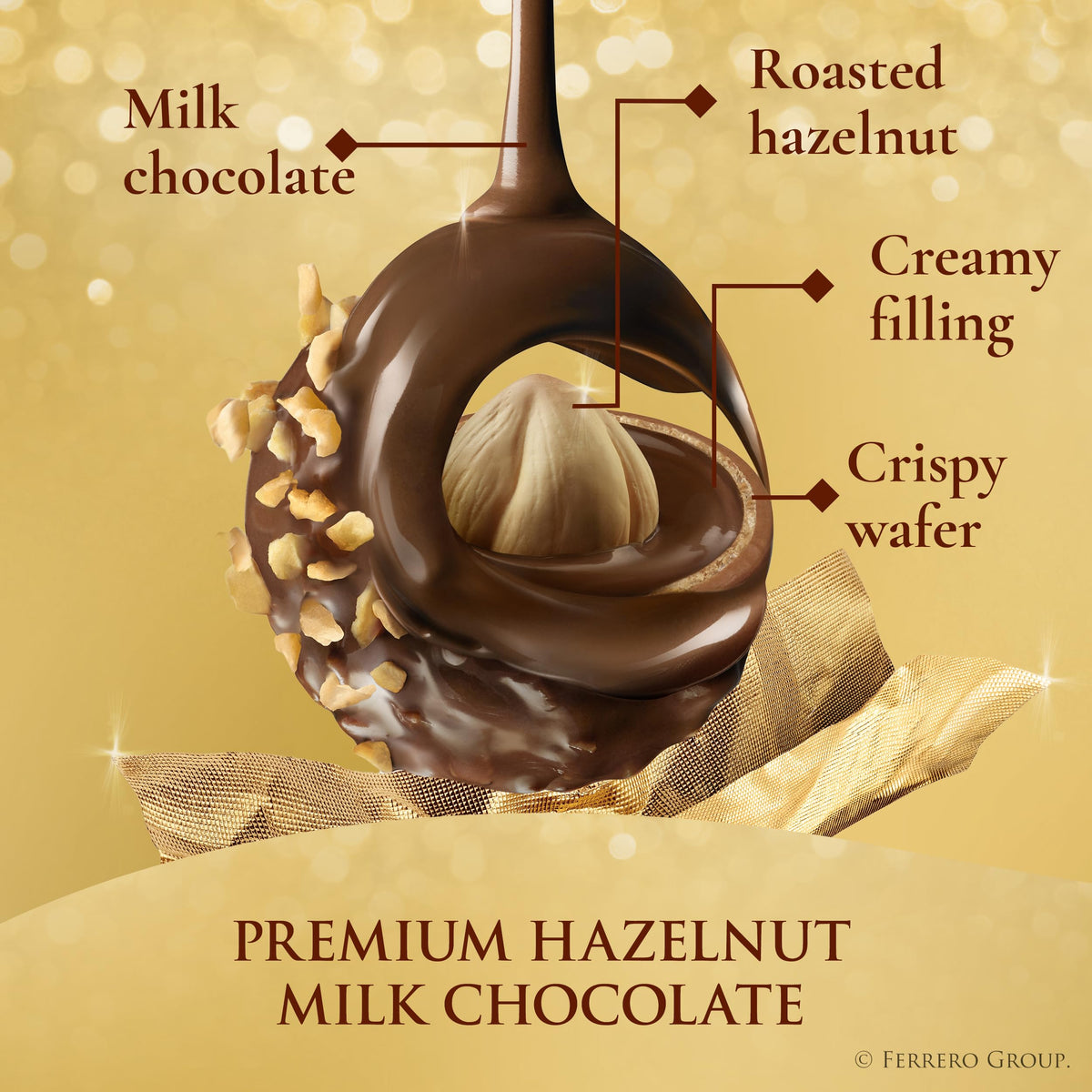 Ferrero Rocher milk chocolate wafers close-up show crisp layers