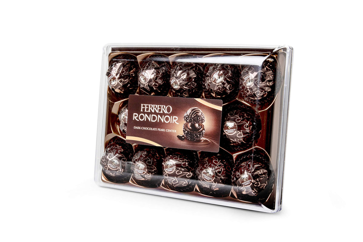 Ferrero Rocher Rondnoir almond center close-up, highlighting crunchy wafer and deep cocoa.