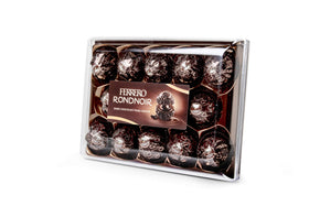 Ferrero Rocher Rondnoir almond center close-up, highlighting crunchy wafer and deep cocoa.