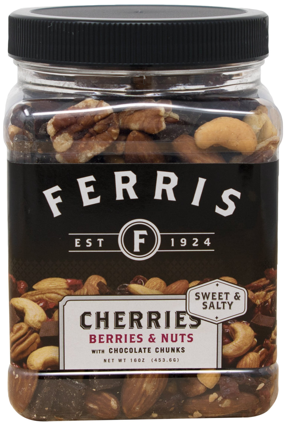 Ferris Cherries Berries & Nuts mix with chocolate chunks in a 16 oz jar, ideal for on-the-go snacking