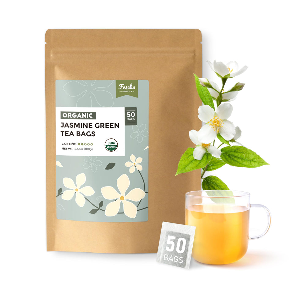 Fescha organic jasmine green tea bags packaging preserves flavor with resealable kraft bag.
