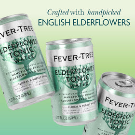 Fever-Tree Elderflower Tonic bottle and ingredients highlighting elderflowers