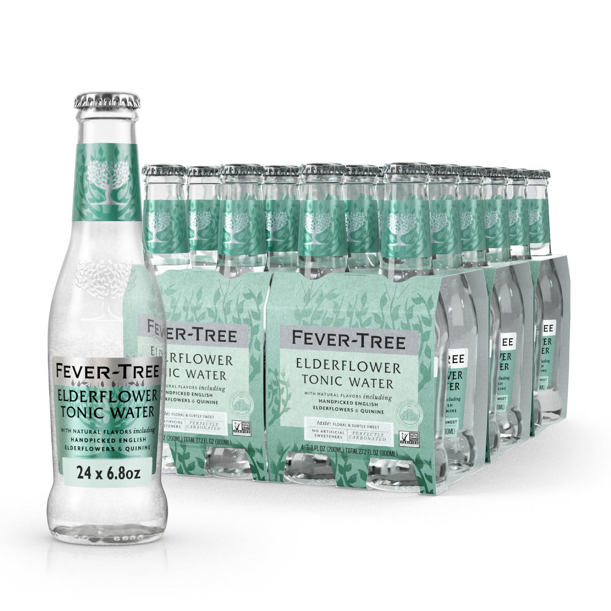 Fever-Tree Elderflower Tonic Water close-up on glass bottle showing premium packaging