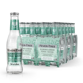 Fever-Tree Elderflower Tonic Water close-up on glass bottle showing premium packaging