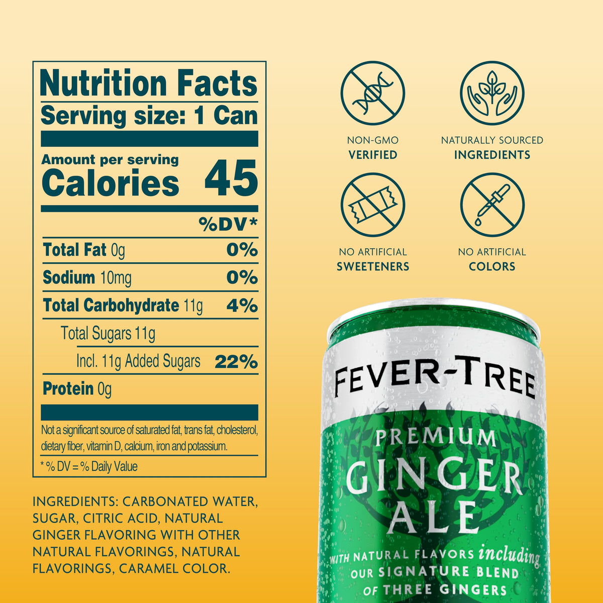 Close-up of Fever-Tree Ginger Ale ingredients showing regional ginger sources.