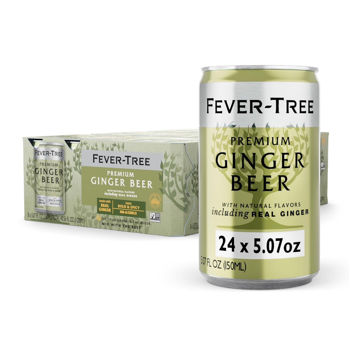 Fever-Tree Ginger Beer bottle close-up highlighting bold ginger notes for cocktails.