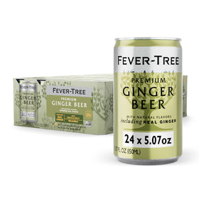 Fever-Tree Ginger Beer bottle close-up highlighting bold ginger notes for cocktails.