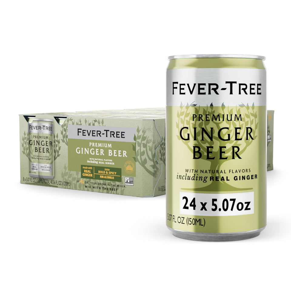 Fever-Tree Ginger Beer bottle close-up highlighting bold ginger notes for cocktails.