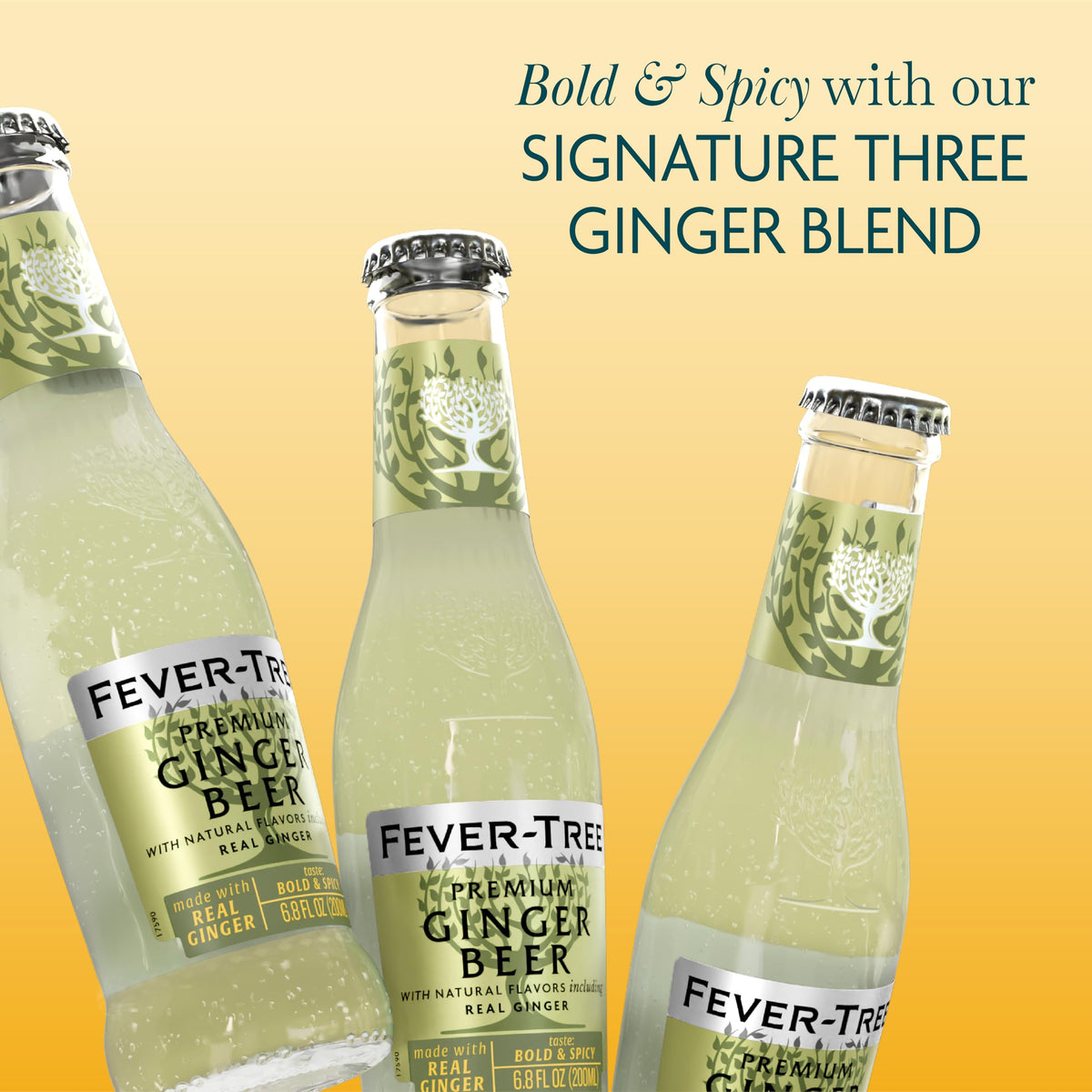 Fever-Tree Premium Ginger Beer bottle highlights three gingers from Ivory Coast, Nigeria, and Cochin.