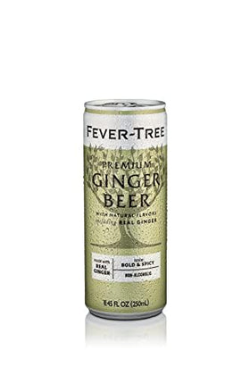 Front view of Fever-Tree Ginger Beer packaging, premium non-GMO ingredients.