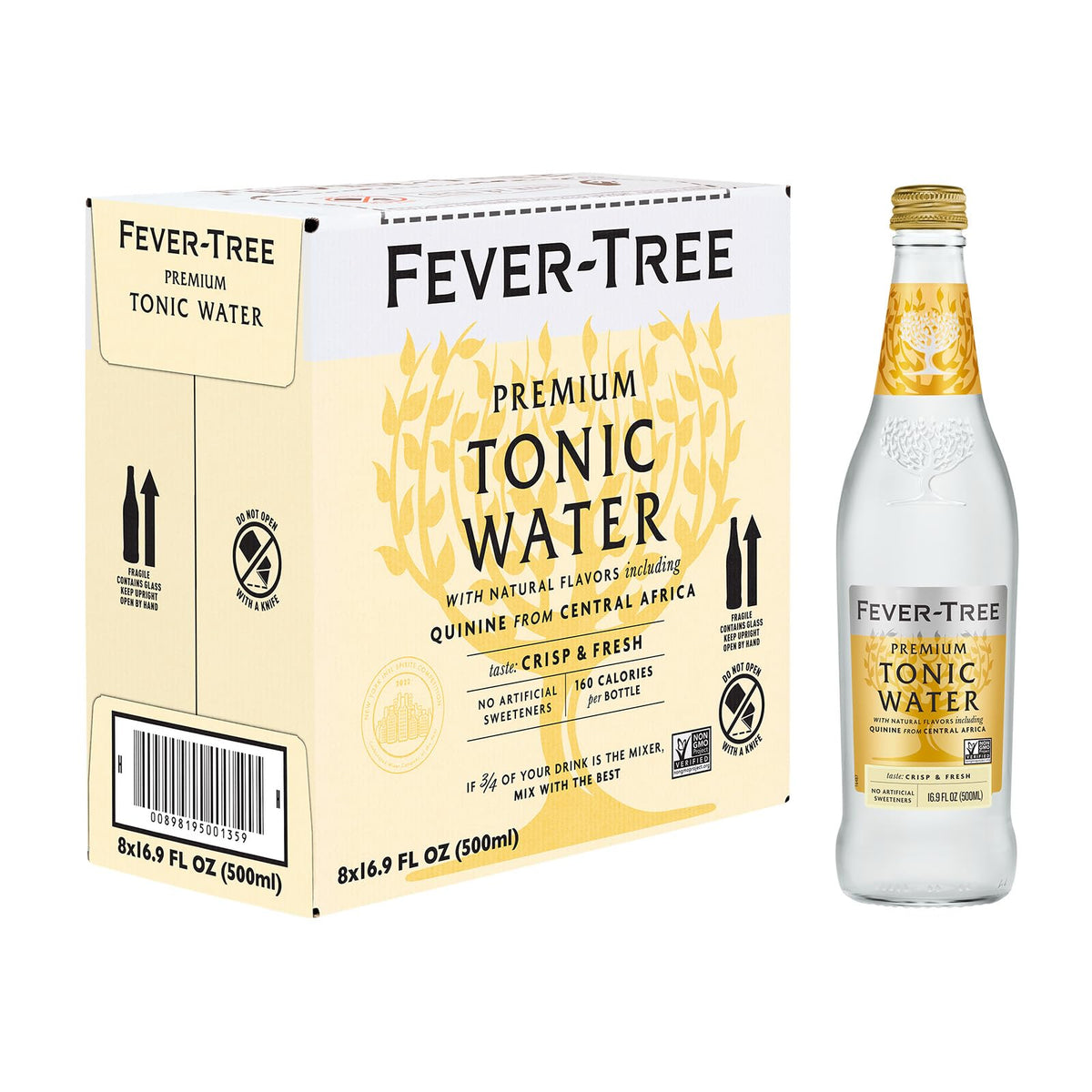 Fever-Tree Indian Tonic Water bottle label highlights premium ingredients.