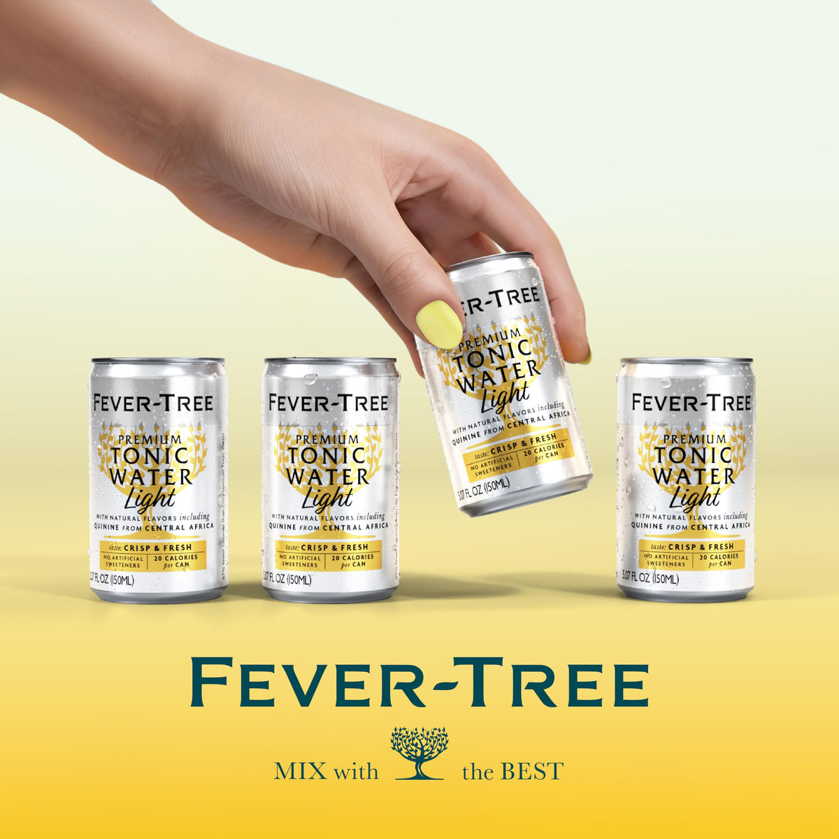 Fever-Tree Light Tonic Water 24-can case on kitchen shelf for entertaining.
