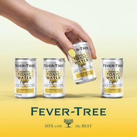Fever-Tree Light Tonic Water 24-can case on kitchen shelf for entertaining.