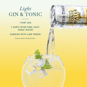 Close-up of Fever-Tree Light Tonic Water bottle highlighting premium ingredients.