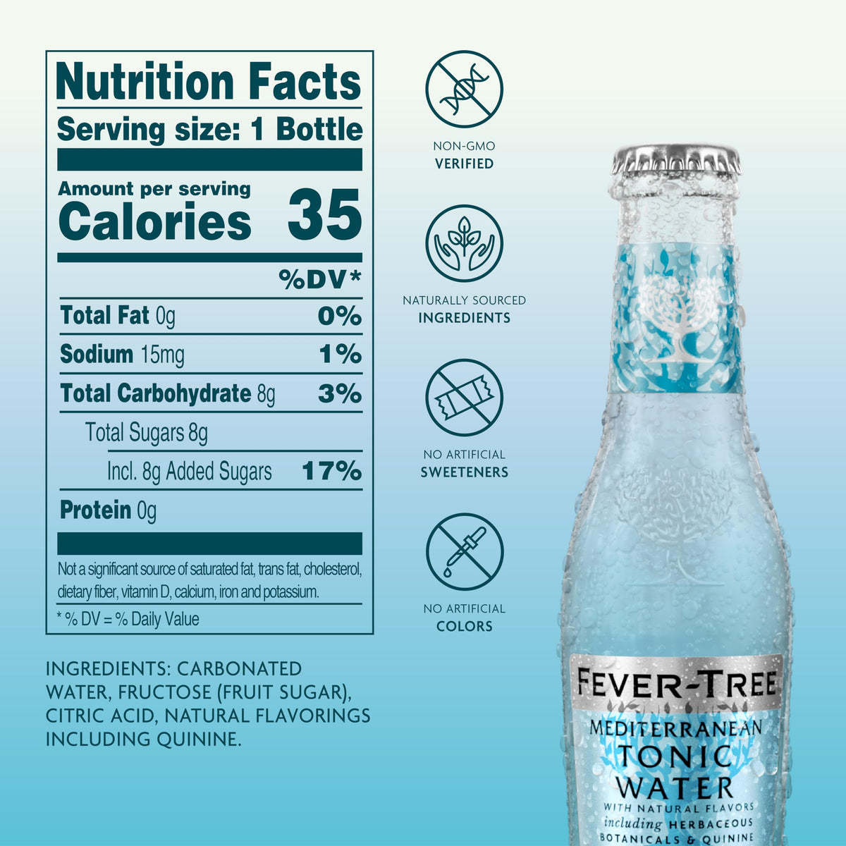 Fever-Tree Mediterranean Tonic Water bottle ingredients label, natural sourcing emphasized.