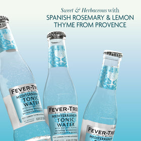 Fever-Tree Mediterranean Tonic Water near a cocktail setup for versatile drink pairings.