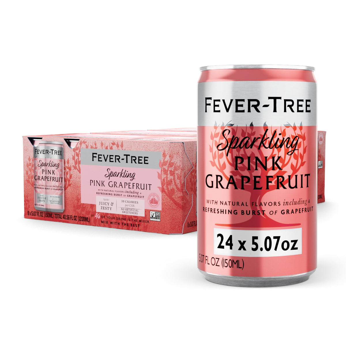 Fever-Tree Sparkling Pink Grapefruit bottle showcases natural ingredients for premium mixers for cocktails and mocktails.
