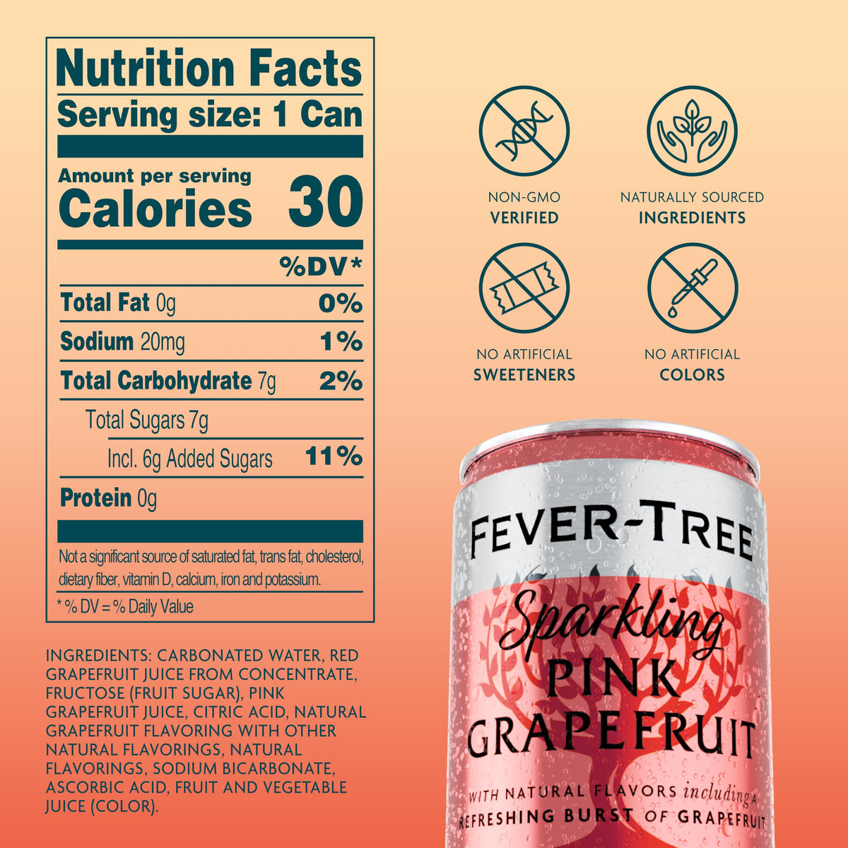 Fever-Tree Sparkling Pink Grapefruit can close-up reveals bright bubbles ideal for cocktails.