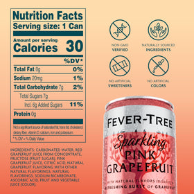 Fever-Tree Sparkling Pink Grapefruit can close-up reveals bright bubbles ideal for cocktails.