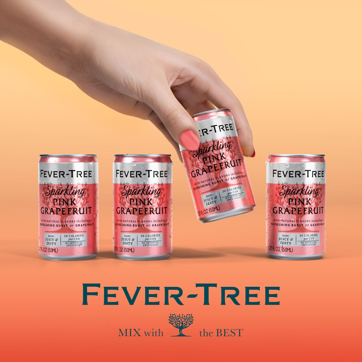 Fever-Tree Sparkling Pink Grapefruit serve ideas image shows premium mixer with rocks glass.