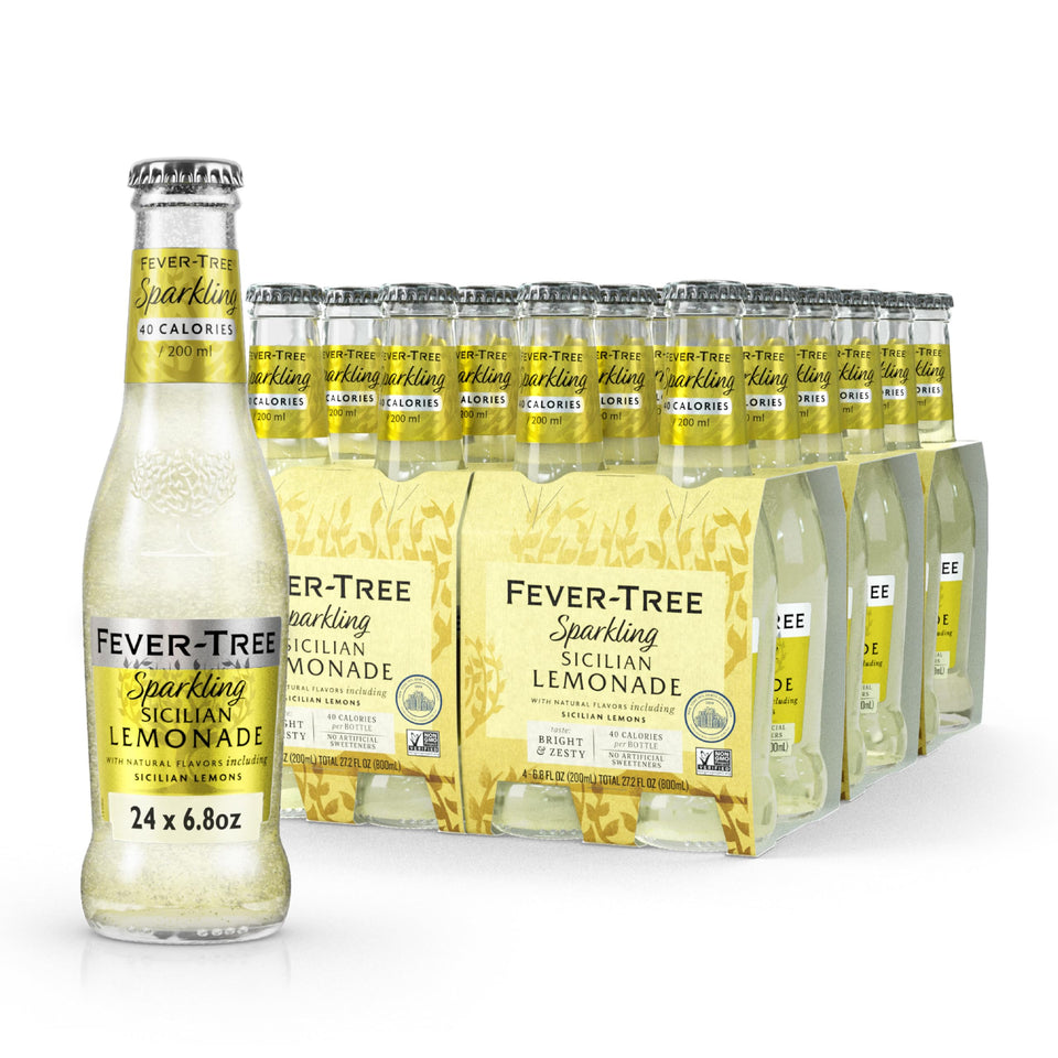 Fever-Tree Sparkling Sicilian Lemonade bottle highlights natural ingredients for premium mixing.