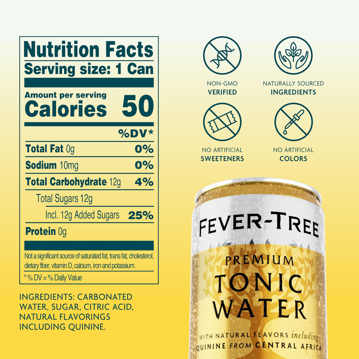 Fever-Tree tonic water close-up on label showcasing natural ingredients and non-GMO quality