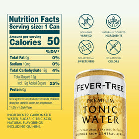 Fever-Tree tonic water close-up on label showcasing natural ingredients and non-GMO quality