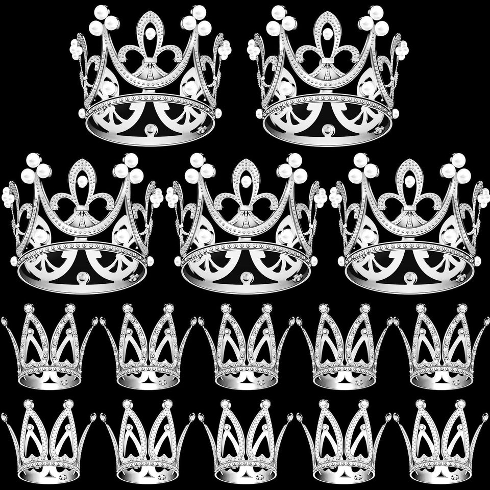 FFNIU 15Pcs crown toppers in silver add subtle sparkle to cupcakes.