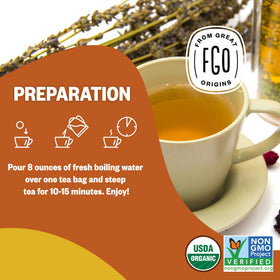 FGO turmeric ginger tea delivers warm amber brew.